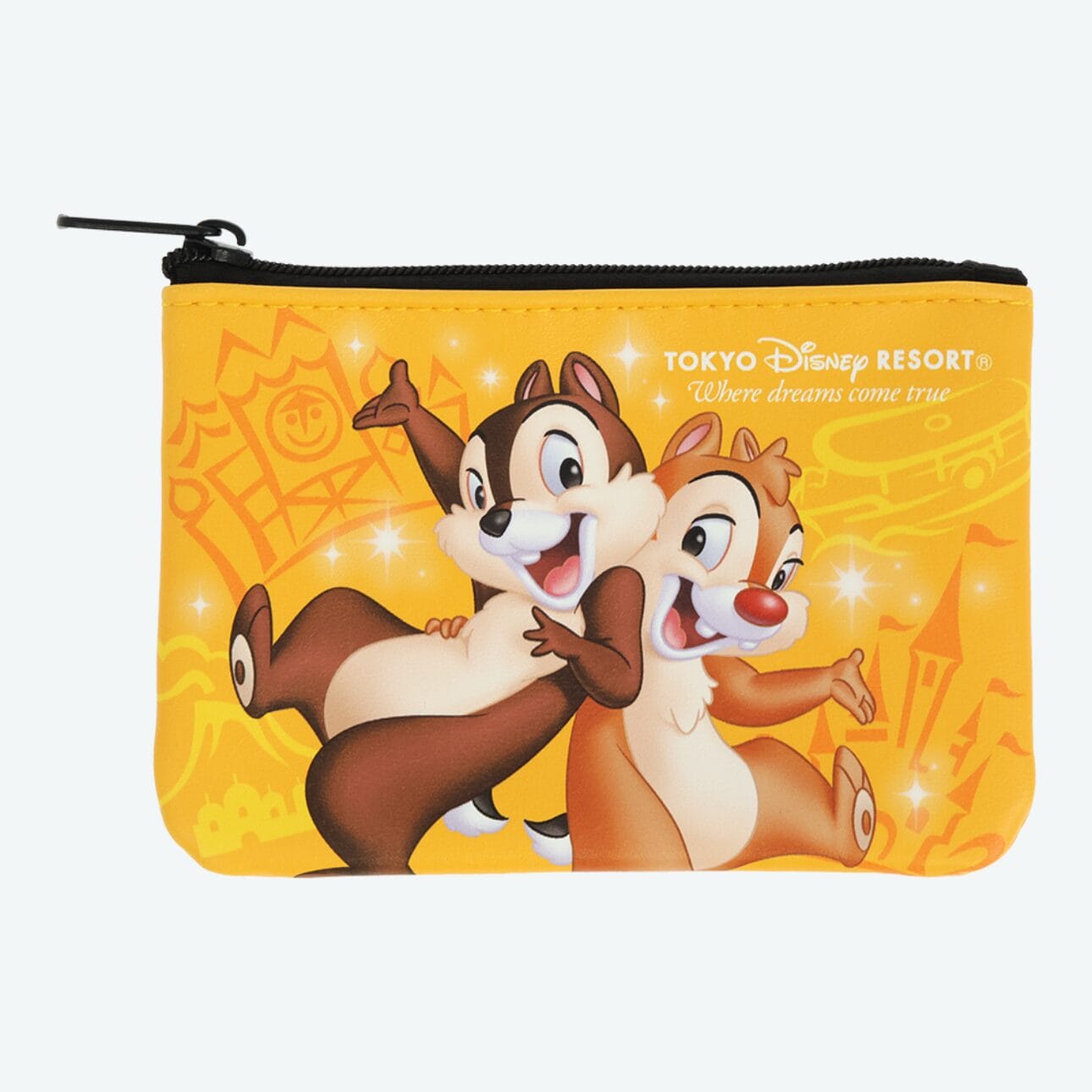 Small yellow pouch featuring Chip and Dale, with Tokyo Disney Resort text and cheerful planners-inspired illustrations.