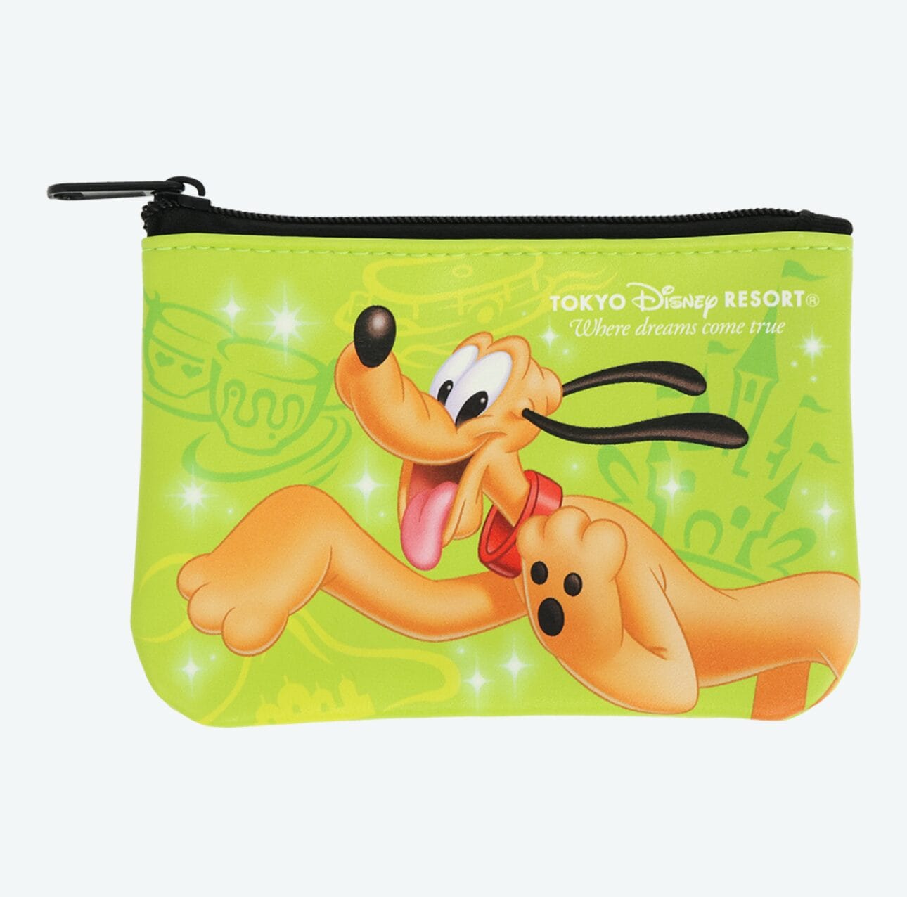 Small green pouch featuring Pluto and "Tokyo Disney Resort: Where dreams come true"—perfect for planners or 2026 calendars.