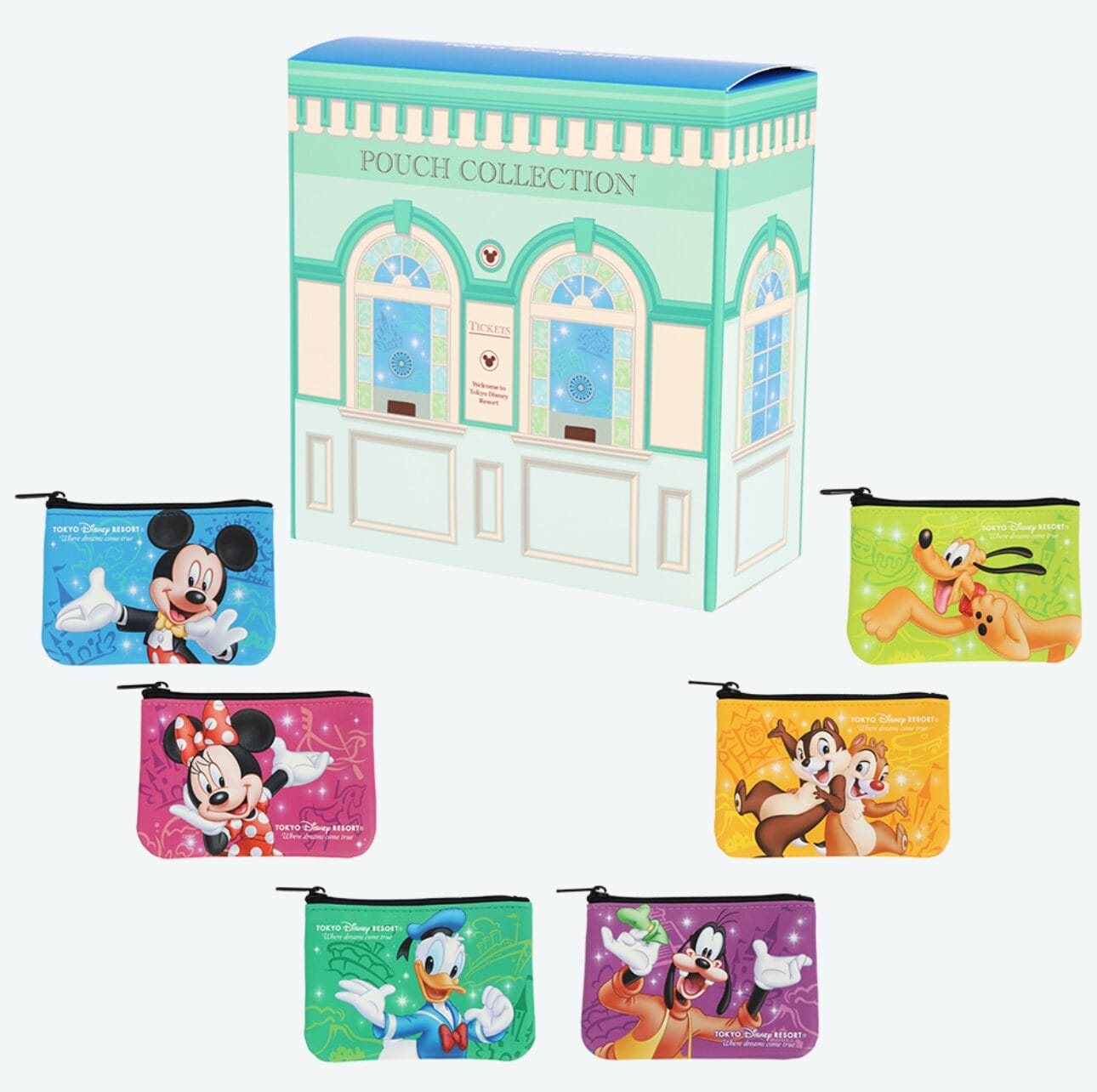 Box with "Pouch Collection" and six colorful New Ticket Pouches featuring Tokyo Disney Resort characters.