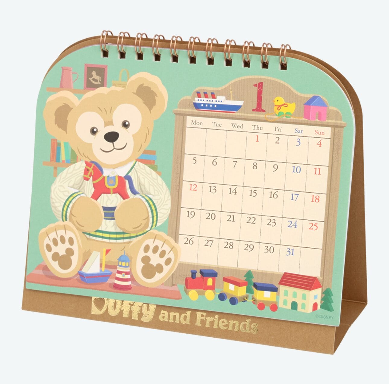 Desk calendar with a teddy bear illustration, toys, and January dates—perfect for 2026 calendars at Tokyo Disney Resort.