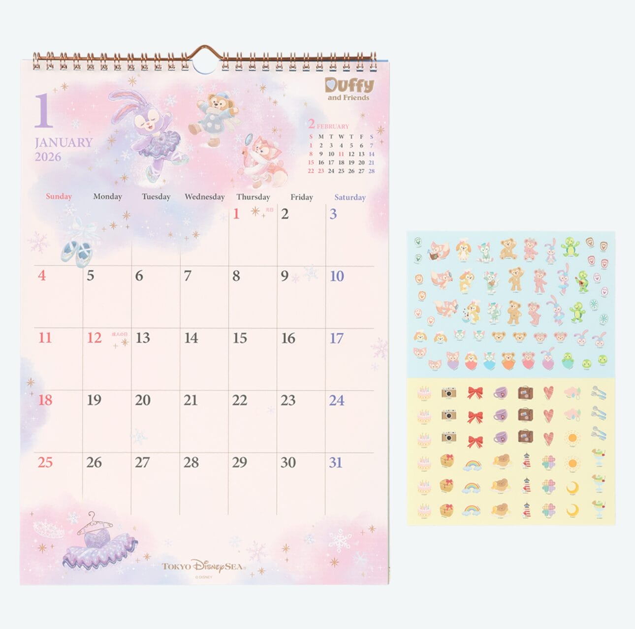 A pastel-colored January 2026 wall calendar from Tokyo Disney Resort featuring Duffy and friends, plus colorful stickers.