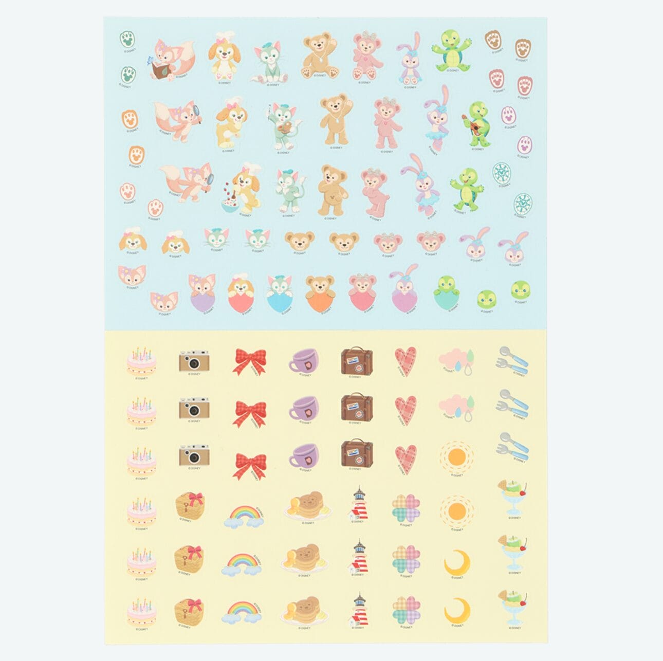 Sticker sheet with cute animals, cakes, teacups, and icons inspired by Tokyo Disney Resort in colorful rows.