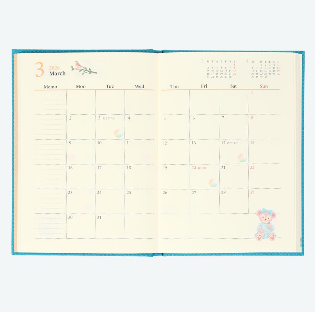Open March 2025 planner with a cute bear illustration, pastel accents, and Tokyo Disney Resort charm on each page.