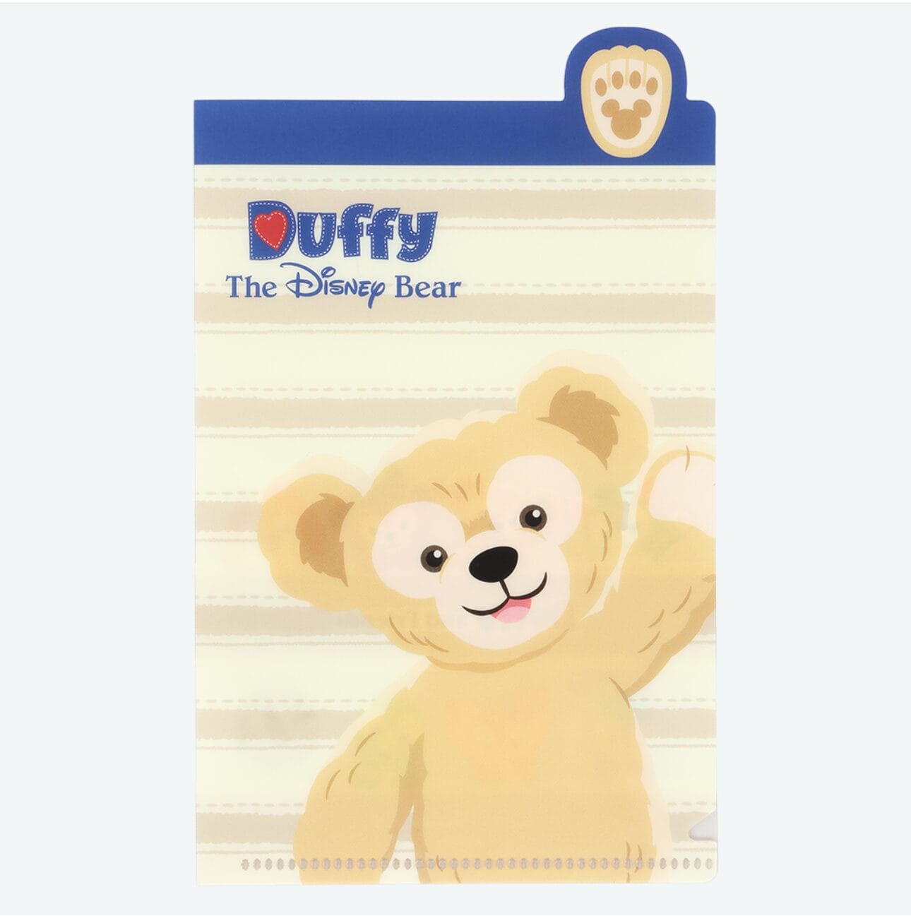 A Duffy the Disney Bear notepad from Tokyo Disney Resort with Duffy waving and a paw print tab at the top.
