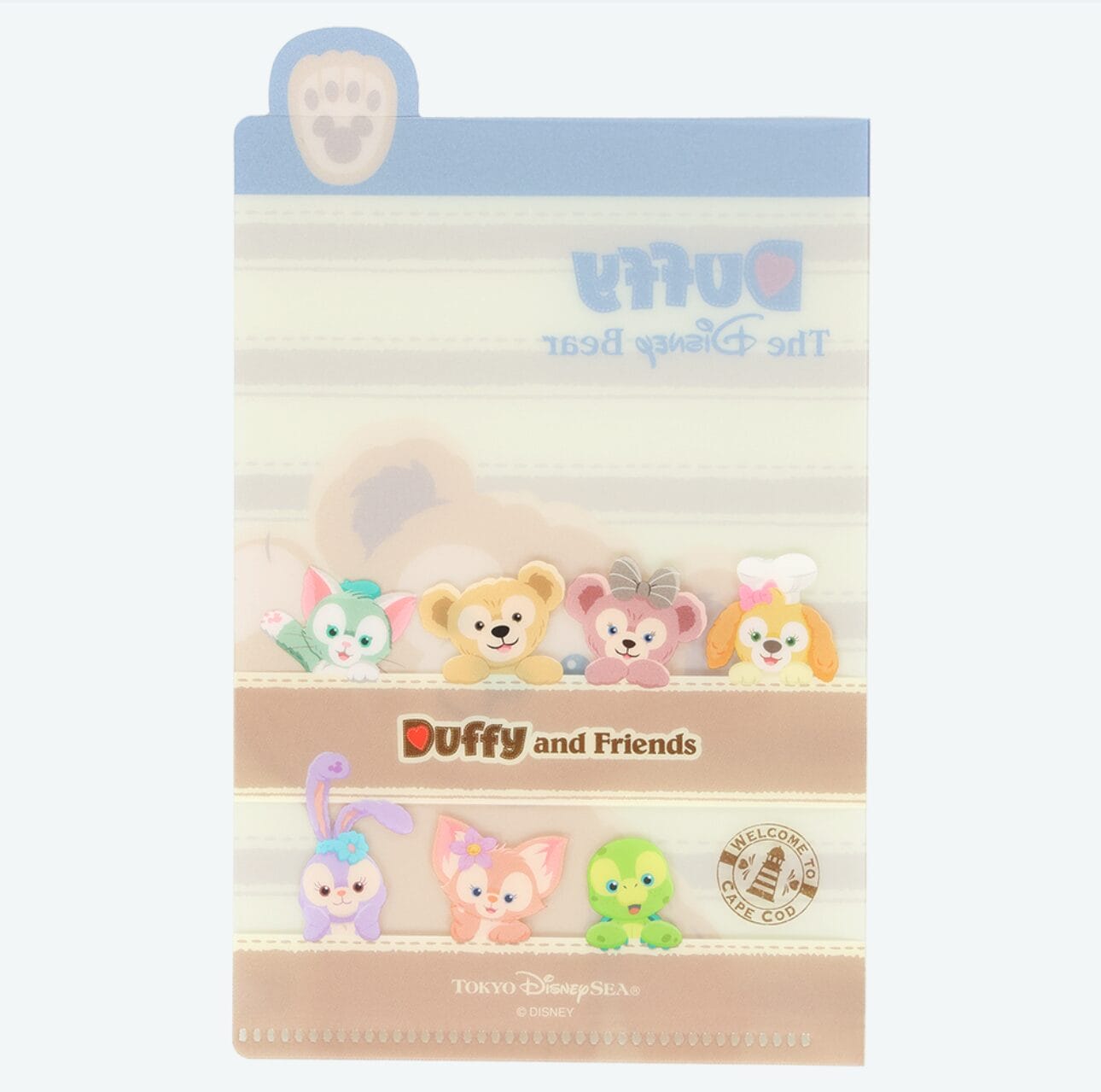 Cute Duffy and Friends stationery folder with cartoon faces, pastel colors, and Tokyo Disney Resort branding.