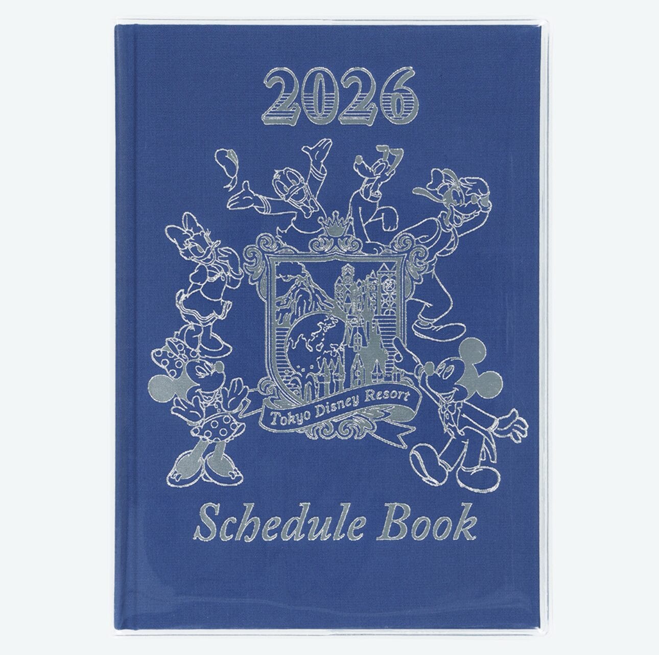Blue 2026 Schedule Book planner with Tokyo Disney Resort logo and Disney characters illustrated in silver on the cover.