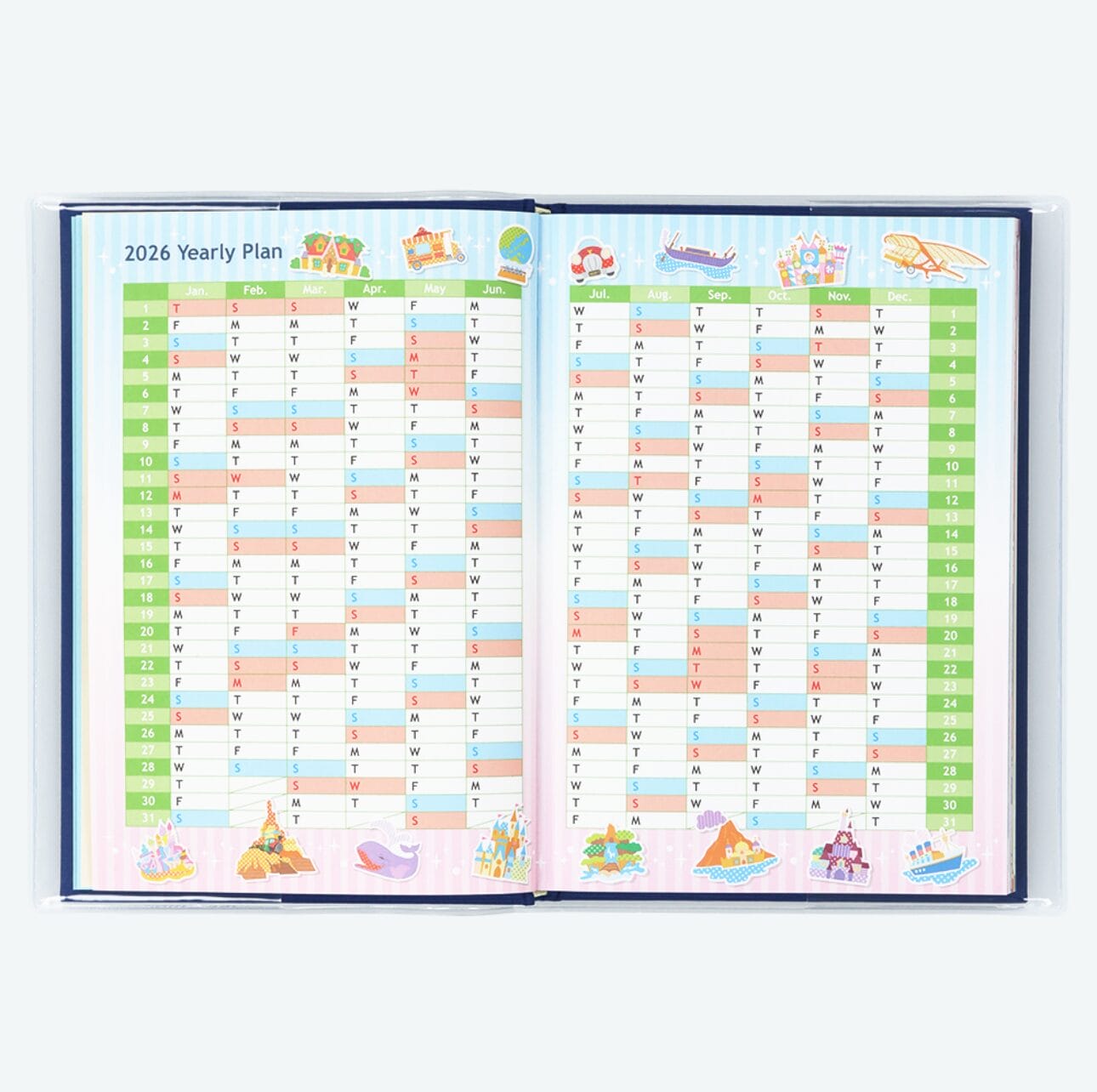 Open planner showing a colorful Tokyo Disney Resort 2026 calendar with cute icons, perfect for New Ticket Pouches.