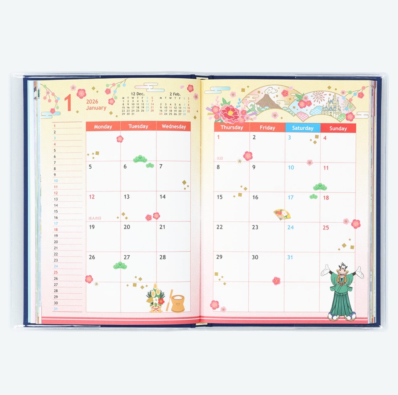 Open planner showing a colorful 2026 calendar with floral decorations, cute characters, and Tokyo Disney Resort touches.