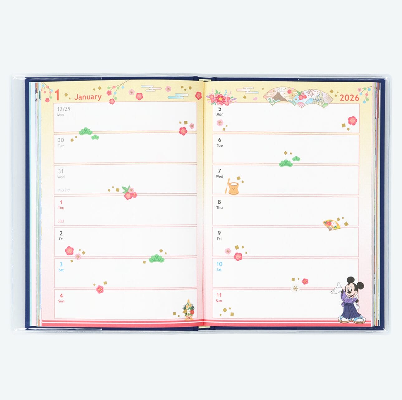 Open 2026 planner with colorful floral designs and a Tokyo Disney Resort Mickey Mouse illustration on the bottom right.