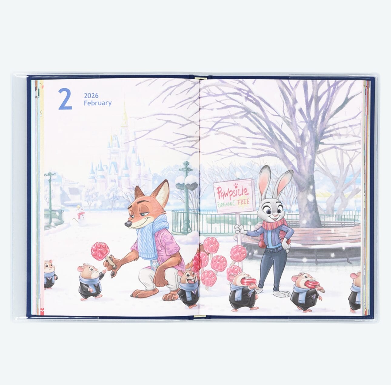 Illustration of a fox and rabbit selling popsicles in a snowy park, with Tokyo Disney Resort castle in the background.