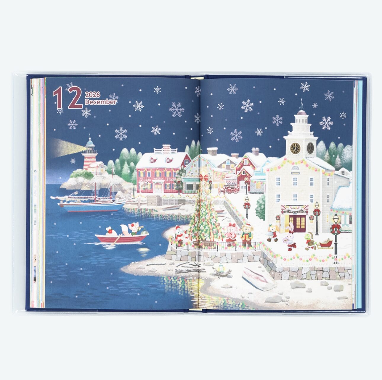 Illustrated snowy harbor town at night with Santa in a boat, festive buildings, and 2026 Calendars under falling snowflakes.