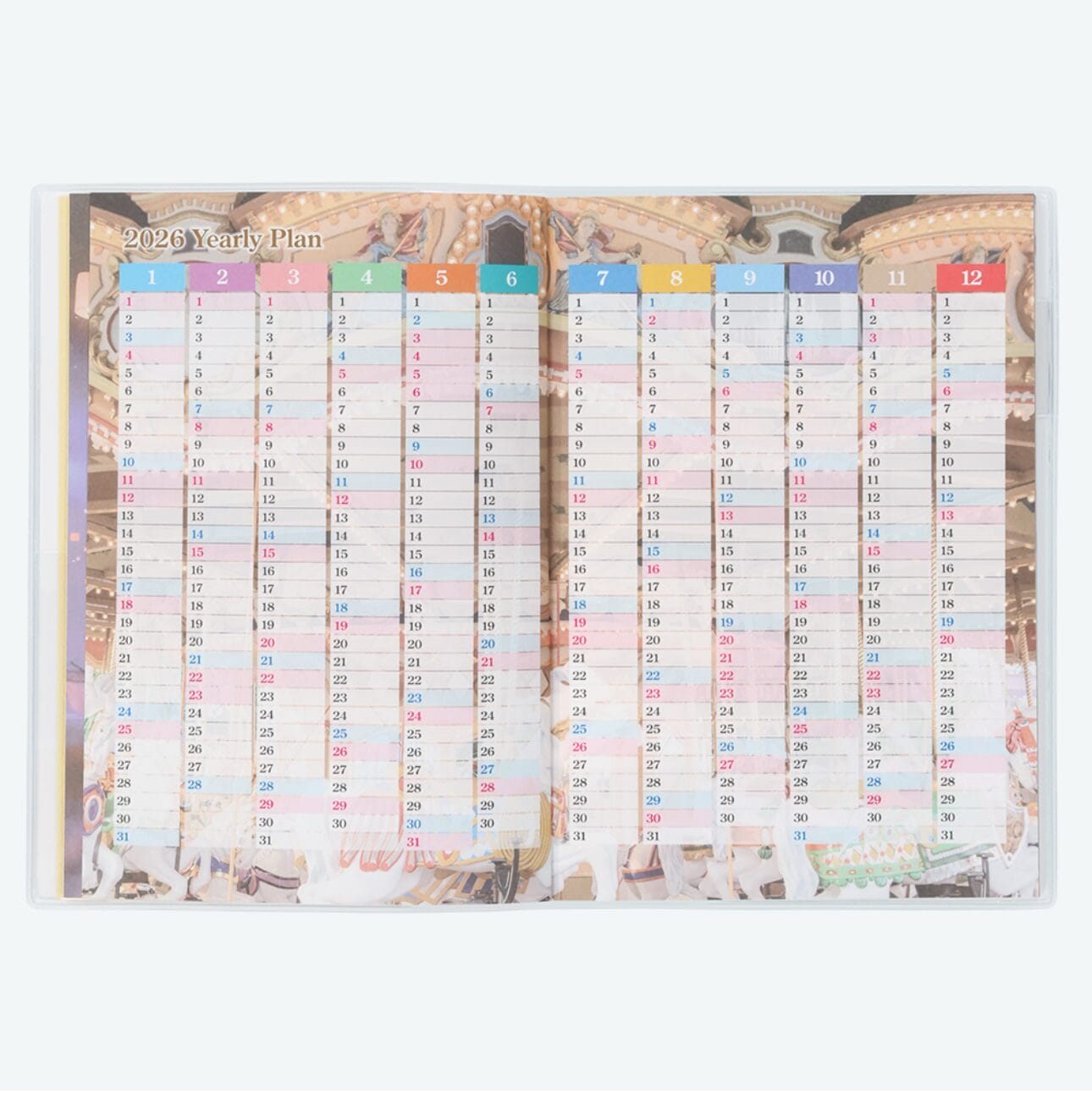 2026 Calendars featuring a colorful planner layout with carousel horses and festive Tokyo Disney Resort decorations.