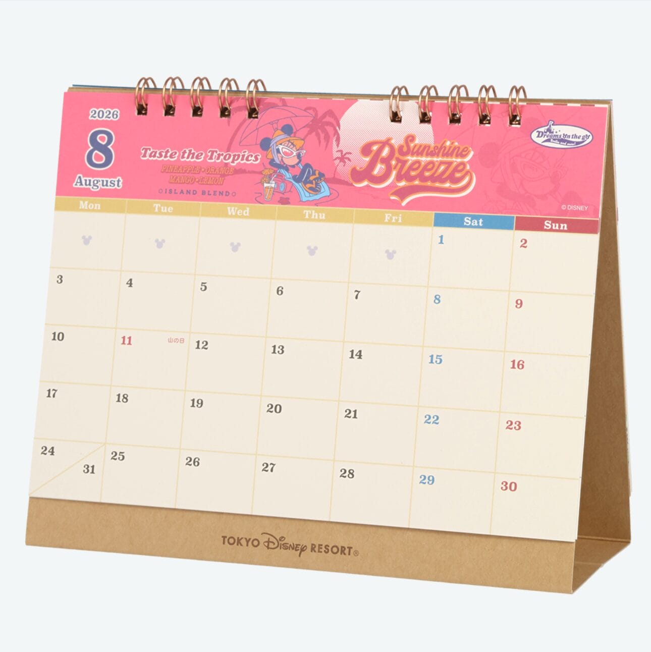 August 2026 desk calendar, Tokyo Disney Resort, with pink tropical theme—part of our 2026 Calendars collection.