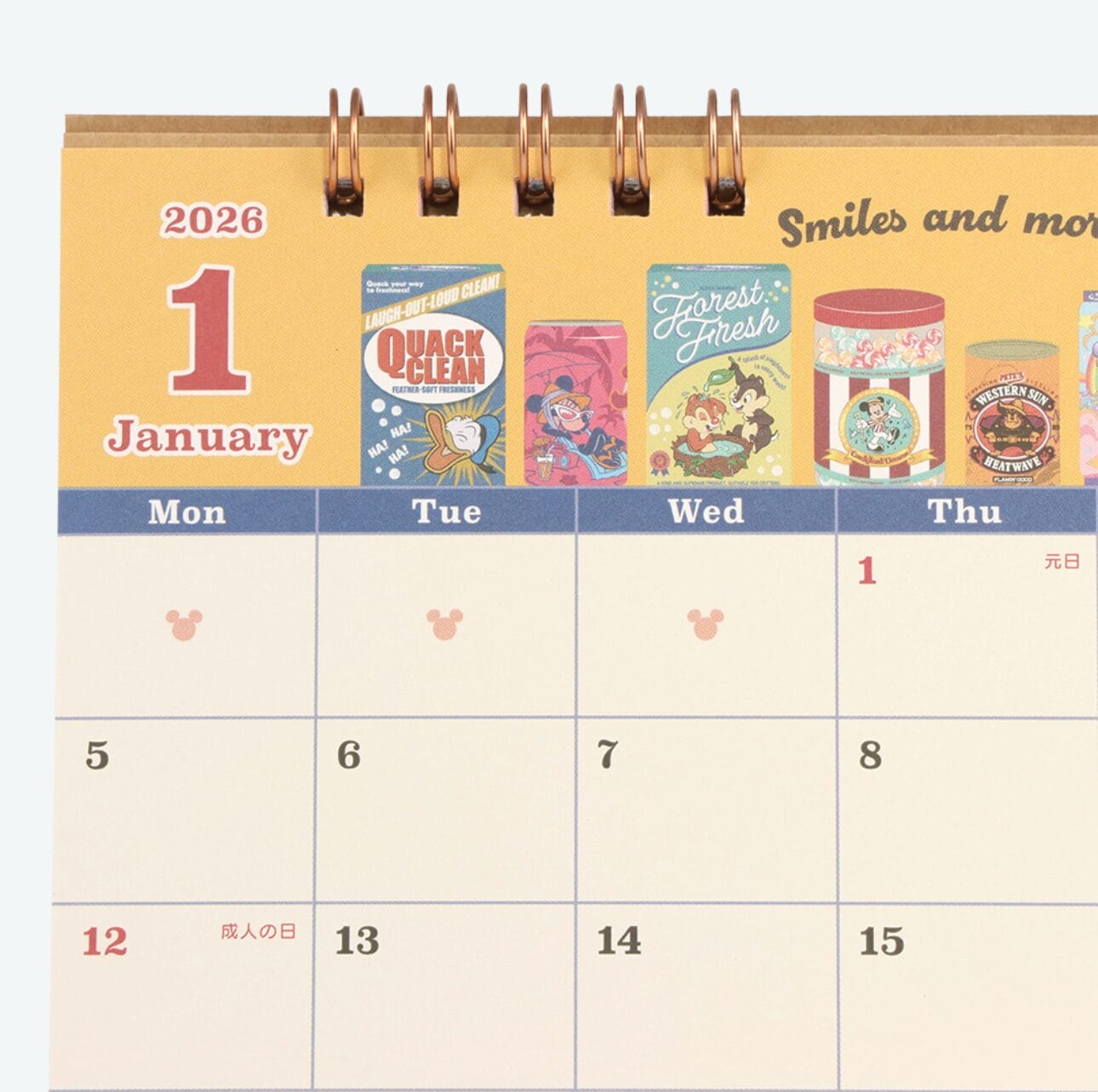 Spiral-bound 2026 Calendar open to January, with Tokyo Disney Resort art and holidays on a Monday-start week.