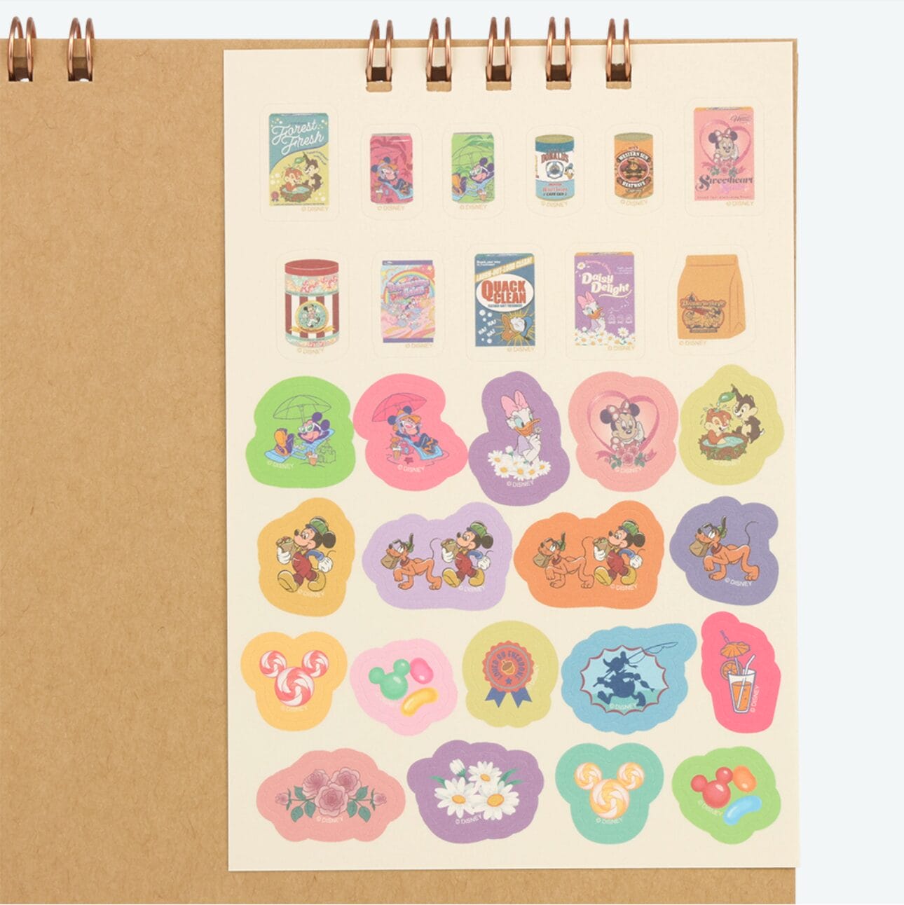 A sticker sheet with vintage food labels and cartoon characters, perfect for 2026 Calendars or planners on your spiral notebook.