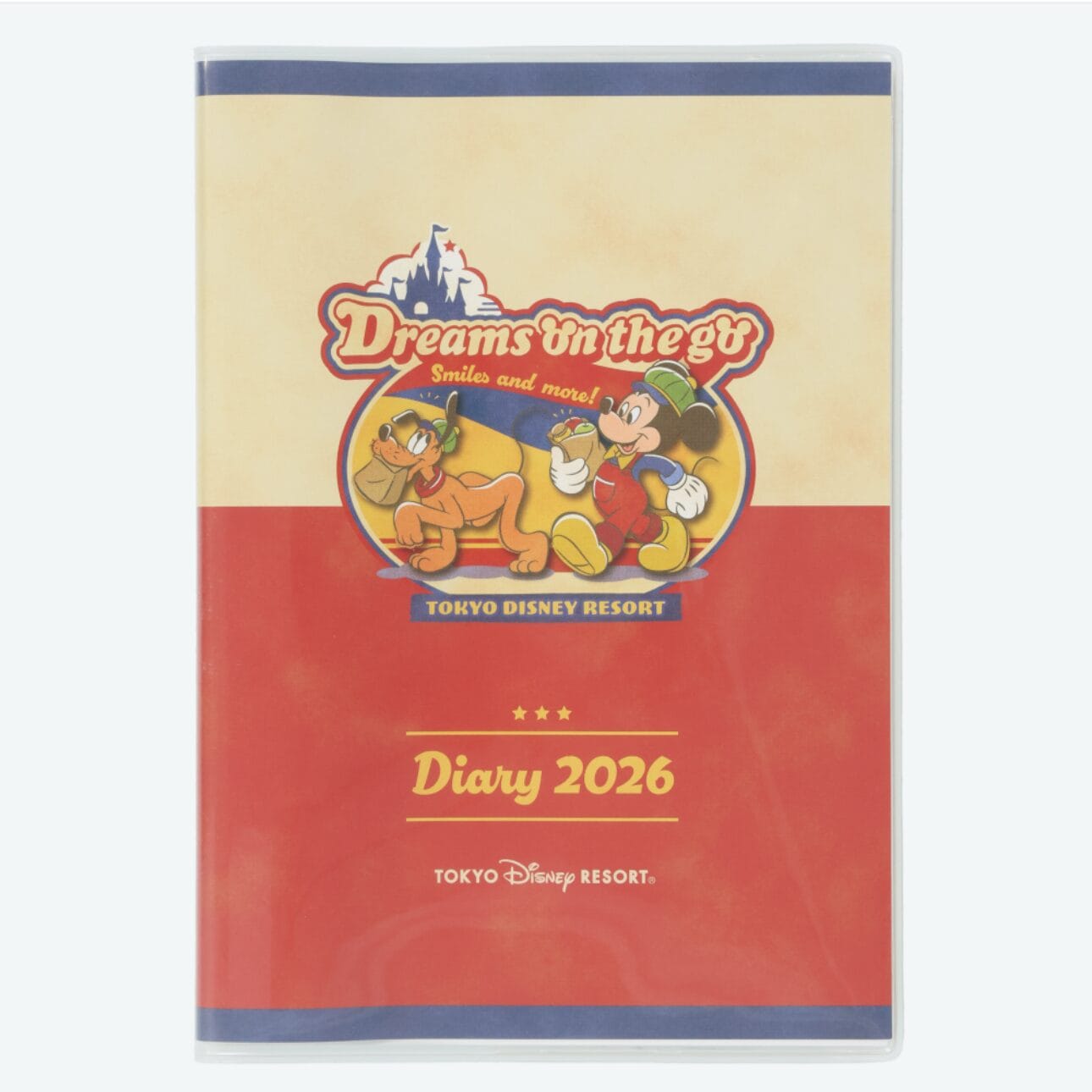 Tokyo Disney Resort 2026 diary cover with Mickey Mouse and Pluto, perfect for planners—Dreams on the go! Smile and more!