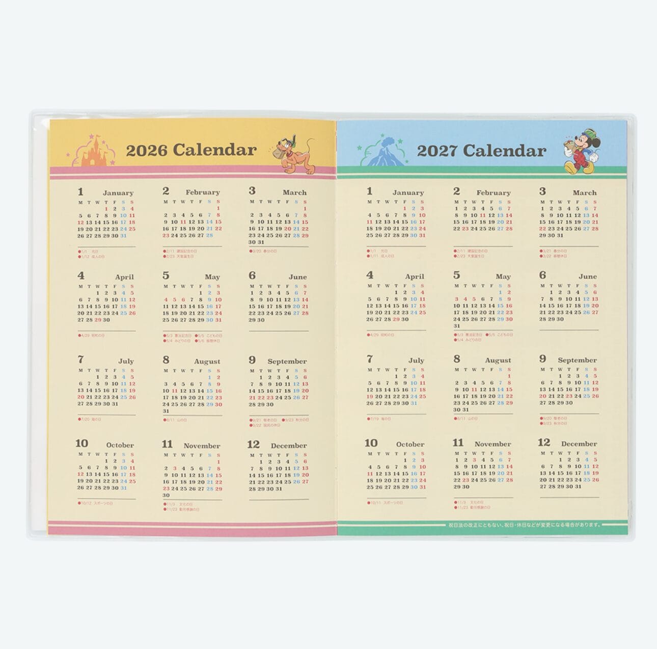 An open 2026 calendar and 2027 planner with small cartoon characters, inspired by Tokyo Disney Resort.