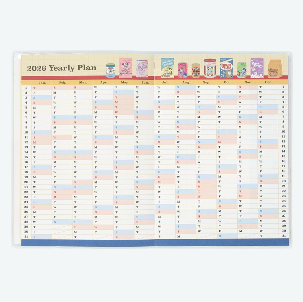2026 yearly planner with food can illustrations, months in a grid, inspired by Tokyo Disney Resort’s vibrant style.