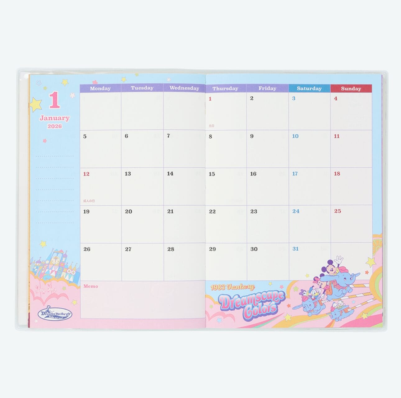 January 2026 calendar page with pastel colors, cute cartoon elephants, and Tokyo Disney Resort charm in the corner.