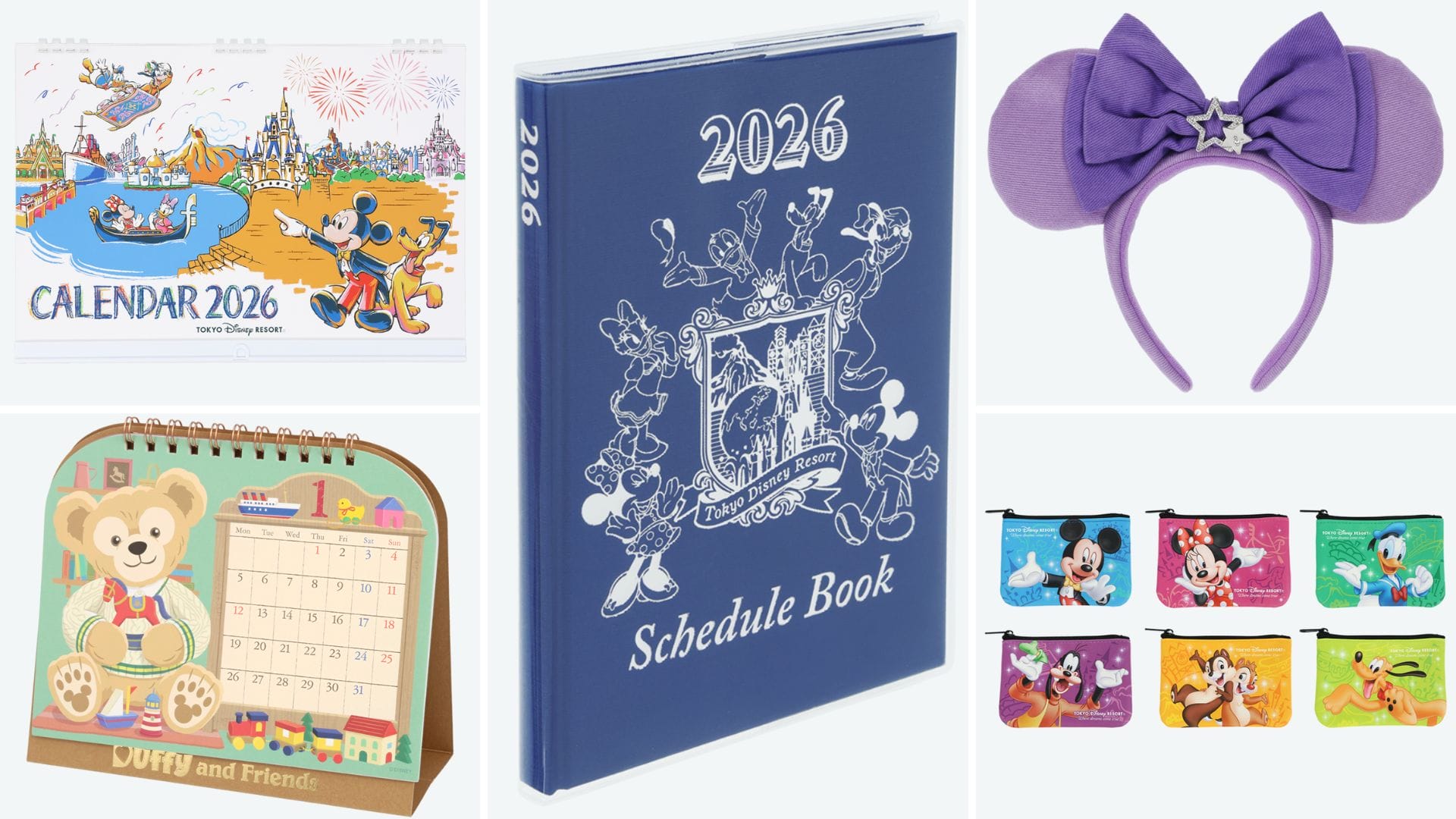 Disney-themed 2026 Calendars, Tokyo Disney Resort planners, a purple mouse ear headband, and colorful pouches.