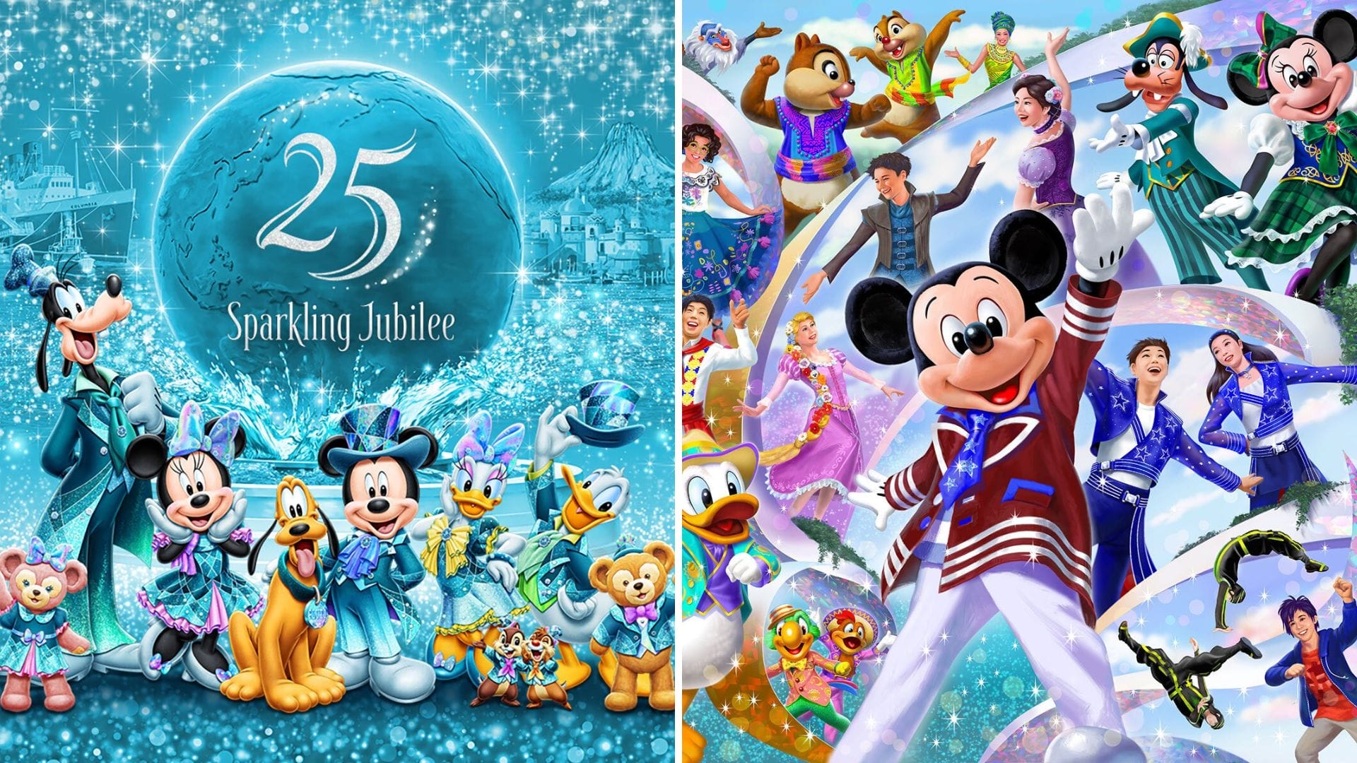 Left: Mickey and friends in blue outfits, celebrating Tokyo DisneySea’s 25th Anniversary Sparkling Jubilee. Right: Joyful festivities.