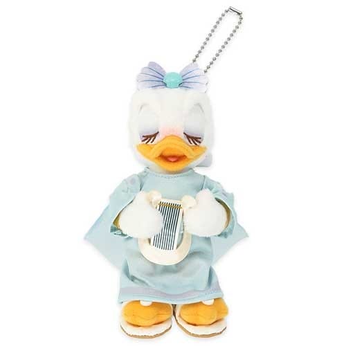 Plush keychain of Daisy Duck wearing a blue dress and holding a small white harp, with a chain attached to her head.
