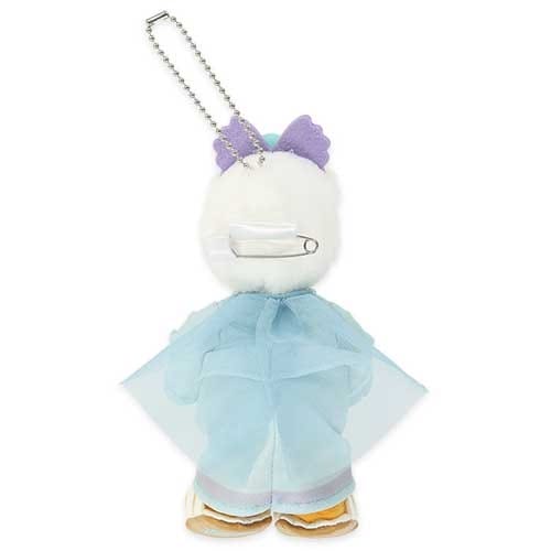 Plush duck keychain with a purple bow and blue cape, viewed from the back, on a white background.