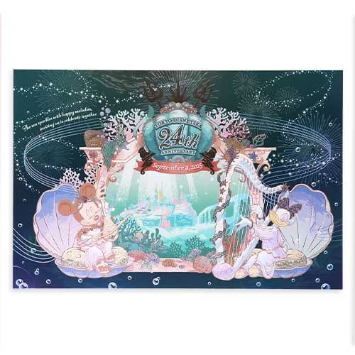 Mickey and Minnie as mermaids celebrate Tokyo DisneySea’s 24th anniversary underwater, surrounded by seashells and coral.