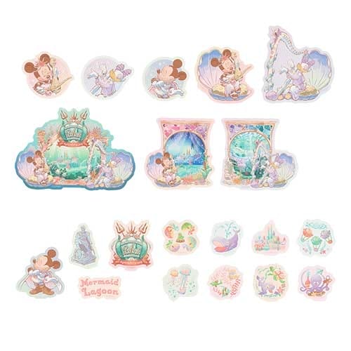 Assorted pastel stickers featuring Mickey and Minnie Mouse in an undersea mermaid and ocean theme, arranged in rows.