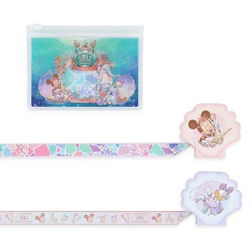 Two pastel-colored washi tapes with Disney characters and a matching decorative pouch featuring a seashell and ocean theme.