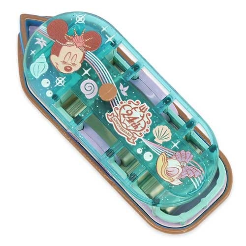 Blue plastic pencil case with Minnie Mouse, seashells, and starfish illustrations on the lid.