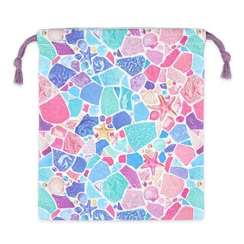 Drawstring pouch with a colorful mosaic pattern of sea glass, starfish, shells, and coral in pink, blue, and purple tones.