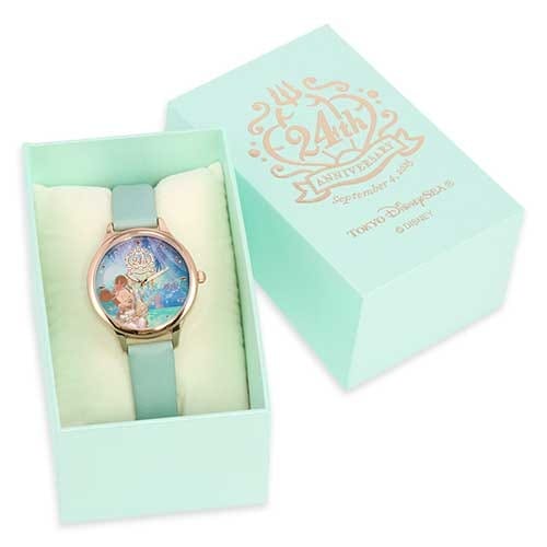 Mint green watch box with a matching watch inside, featuring a Tokyo Disneyland 24th Anniversary design on the face.