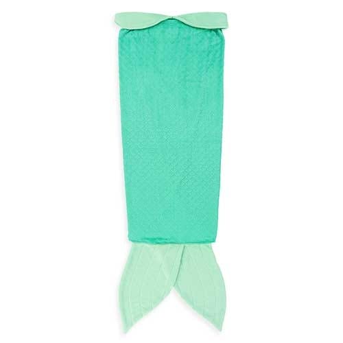 A teal mermaid tail-shaped blanket with flipper details at the bottom.