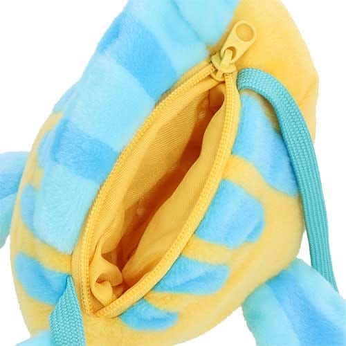 Close-up of an open yellow and blue plush bag with a yellow zipper and visible inner lining.