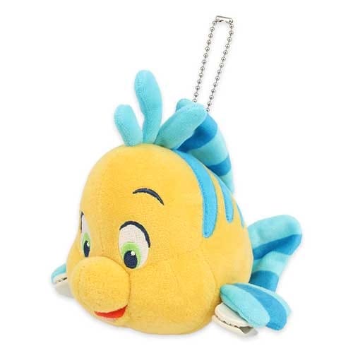 Plush toy of a yellow and blue fish with a keychain attached to the top.