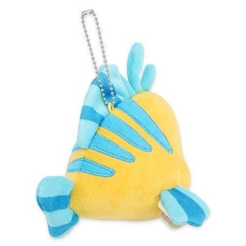 Plush toy shaped like a yellow and blue fish with a keychain attached to the top.