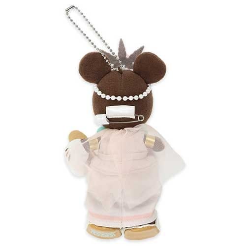 Plush bear keychain dressed as a bride with a veil, pearl headband, and white gown, shown from the back.