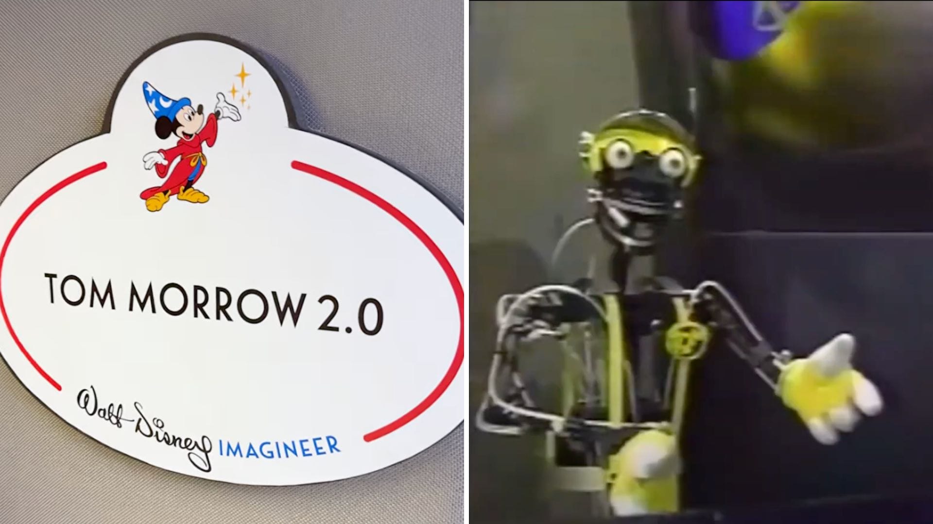 A Disney Imagineer That badge reads "Tom Morrow 2.0" beside a yellow and black animatronic robot.