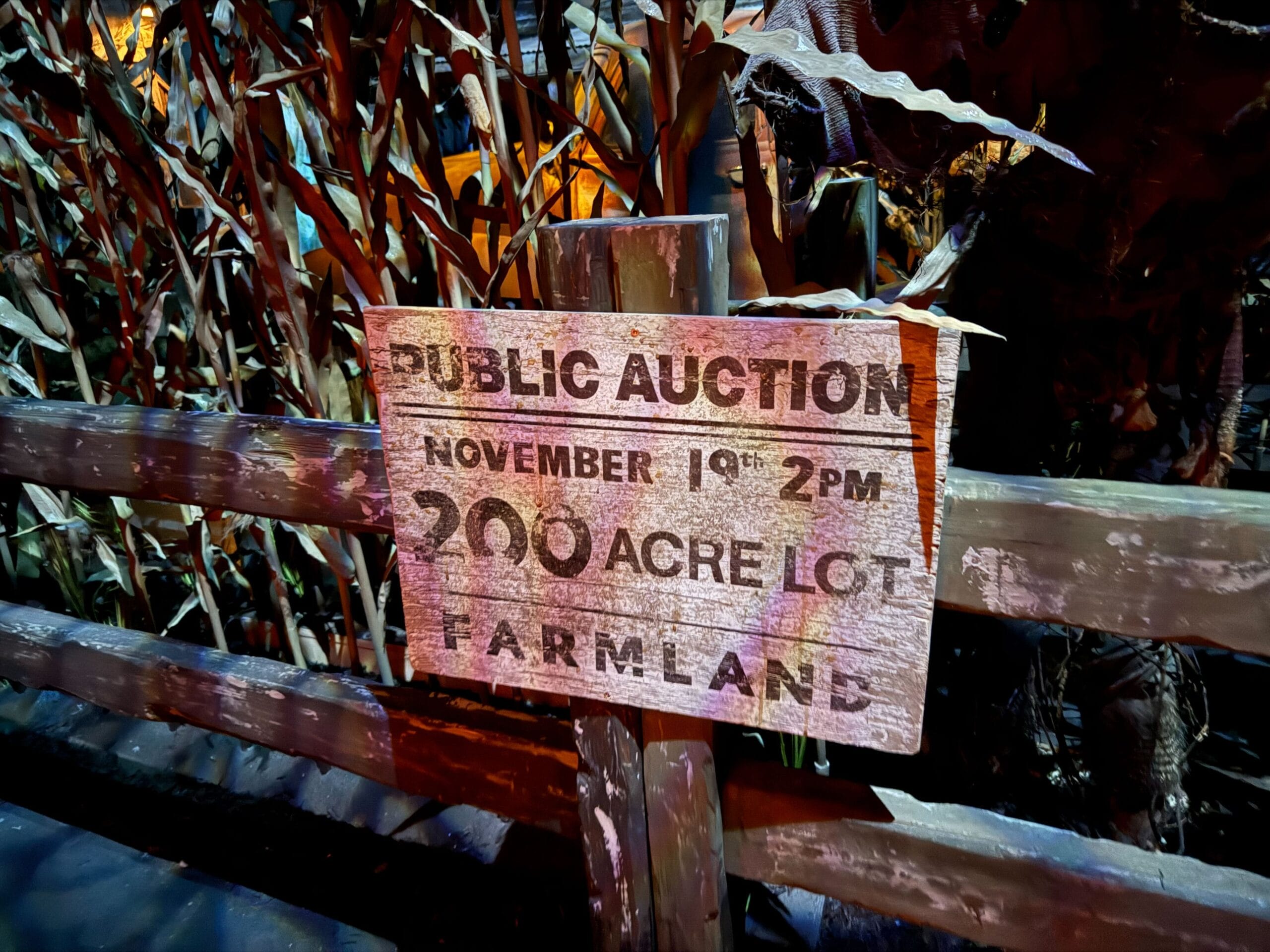 A weathered wooden sign reads "Public Auction, 200 Acre Lot" on a rustic fence—no Las Vegas glitz here.