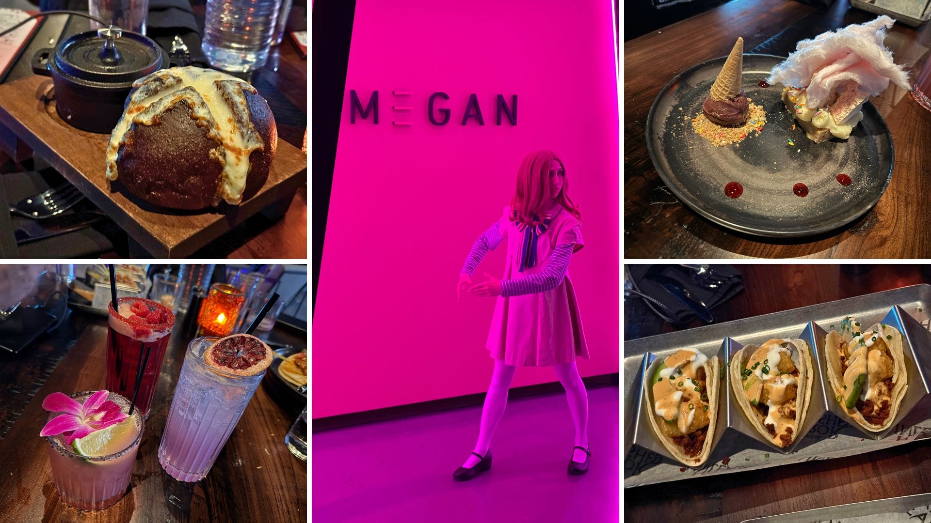 A collage shows food and drinks, a girl by a pink MEGAN sign, tasty desserts, and Twisted Tater Tacos.