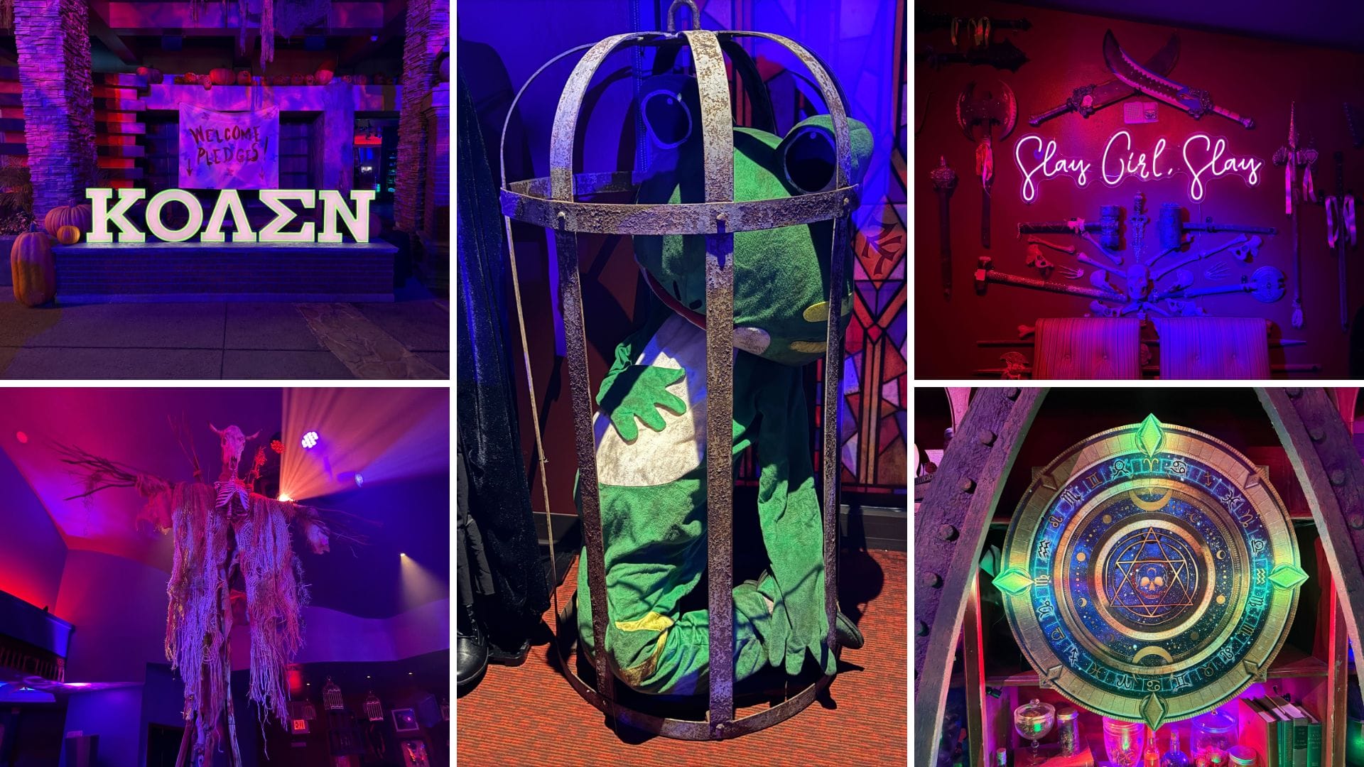 Collage of spooky, neon-lit scenes: Dead Coconut Club sign, caged frog suit, sorority witches, and a tattered scarecrow.