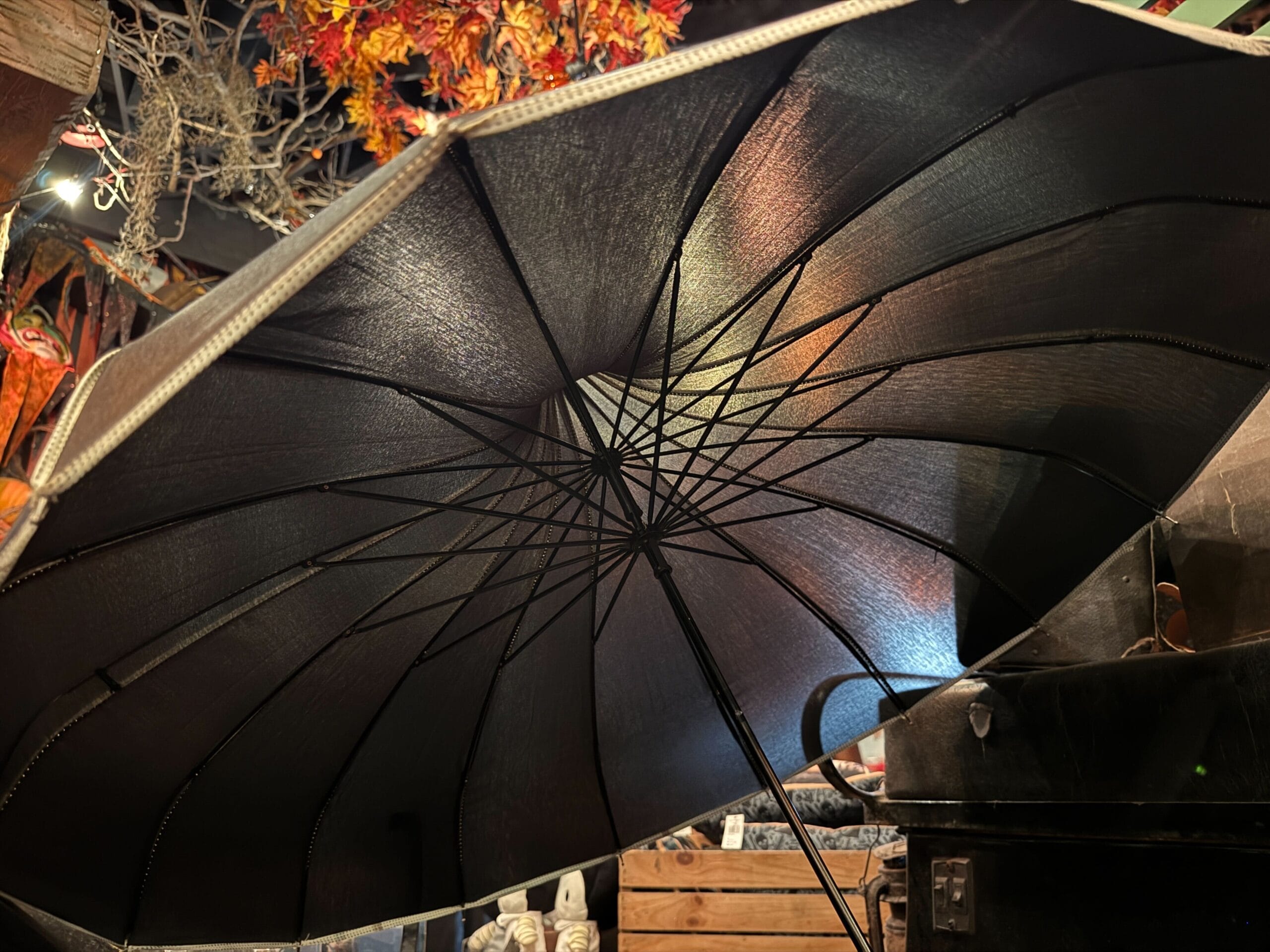 Open black umbrella viewed from below, with autumn leaves and indoor decorations in the background.