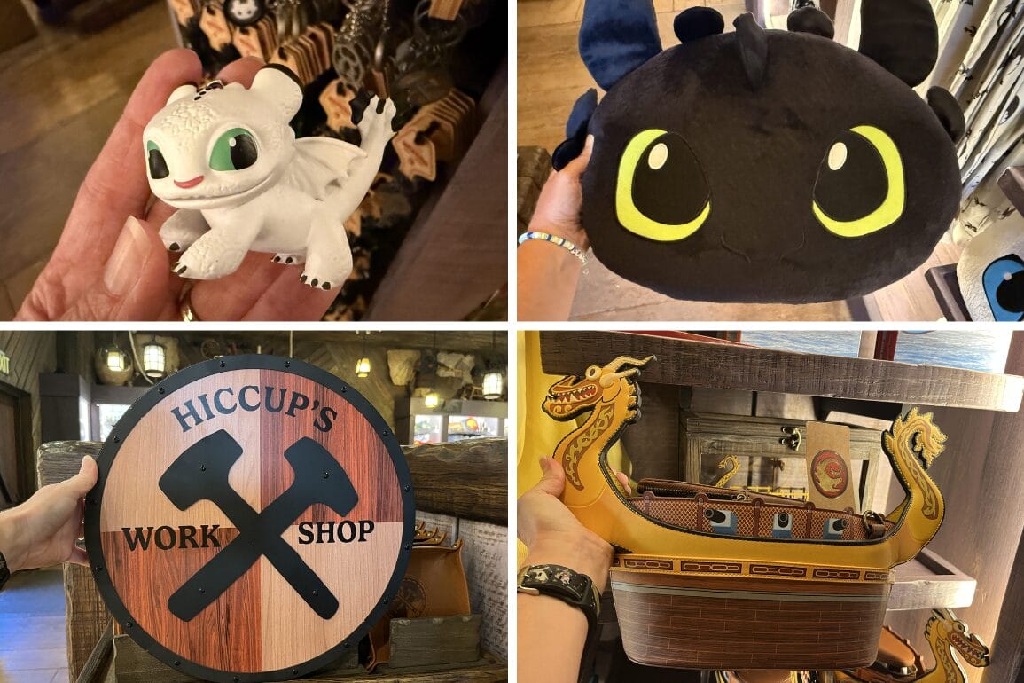Four images: a white dragon figure, black dragon plush, Hiccup's Work Shop sign, and Viking ship model.