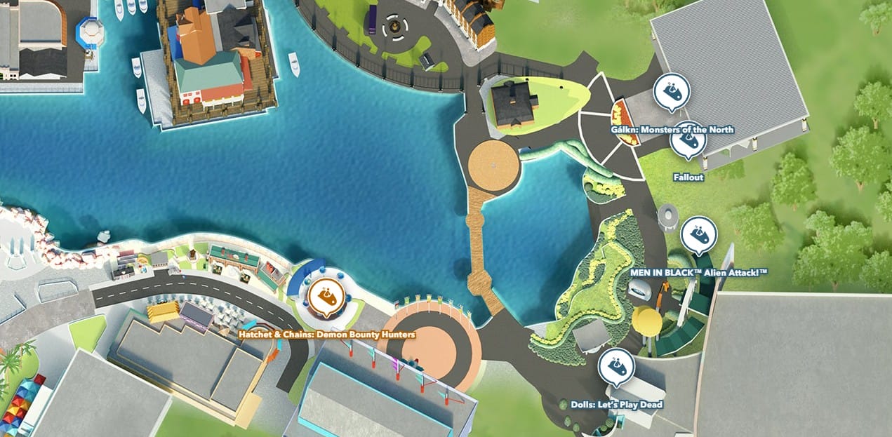 Official Release: Theme park map 2025 shows attractions, blue lagoon, and Halloween Horror Nights rides like Dollz: Let’s Play Dead.