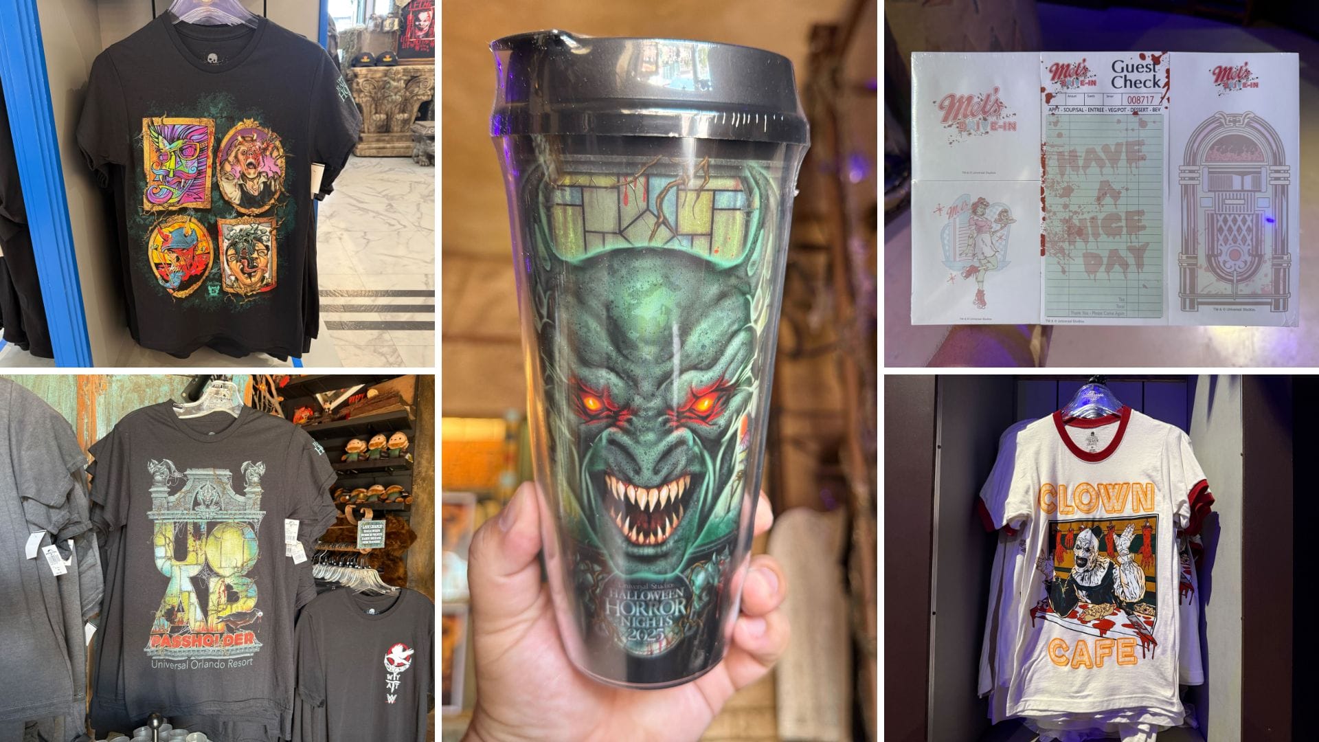 Collage of Halloween Horror Nights 34 merchandise, including t-shirts, a scare zone tumbler, and themed notes.