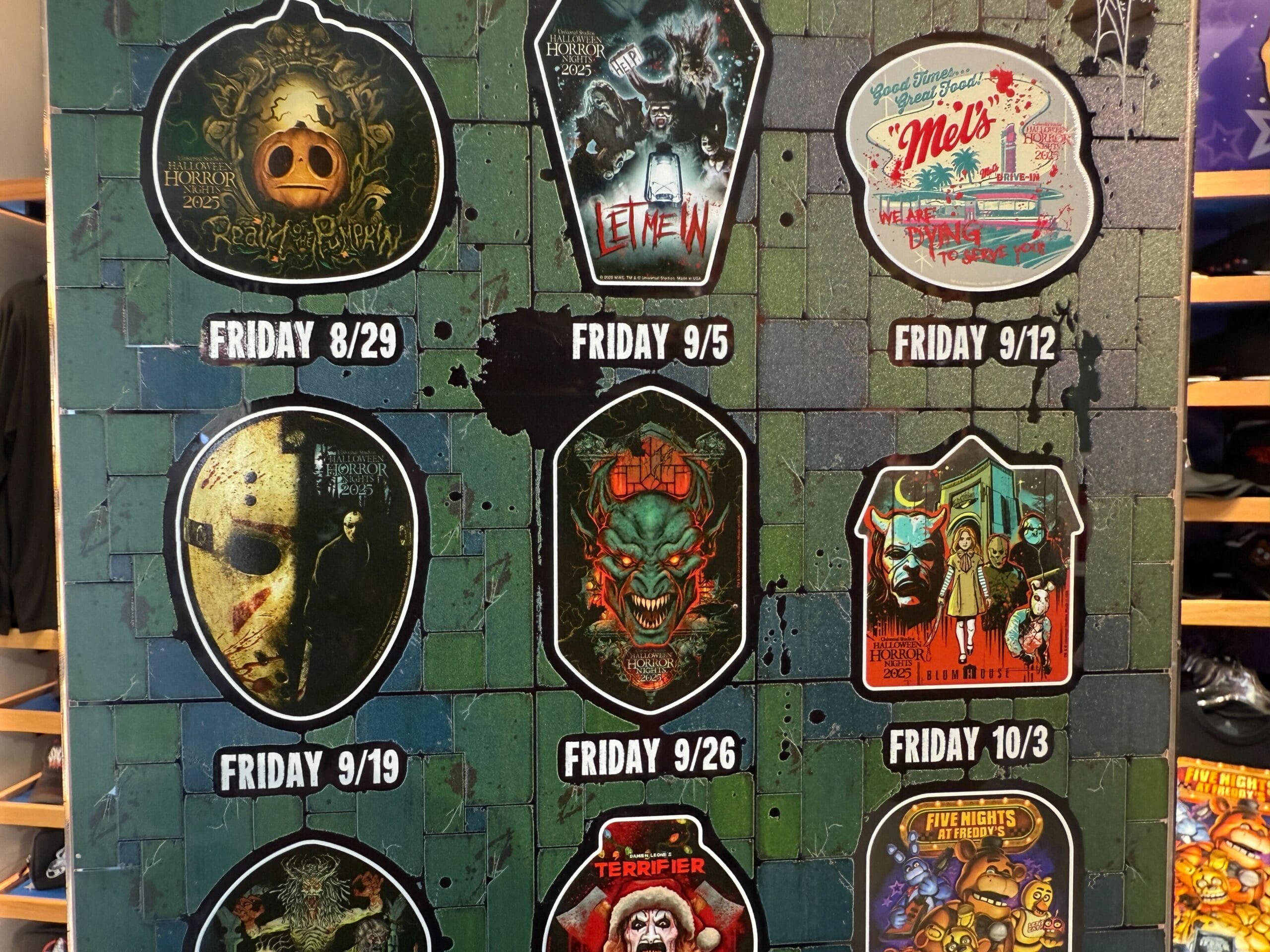 Calendar board with HHN Merch art, listing Friday event dates from 8/29 to 10/3 at Universal Orlando Resort.