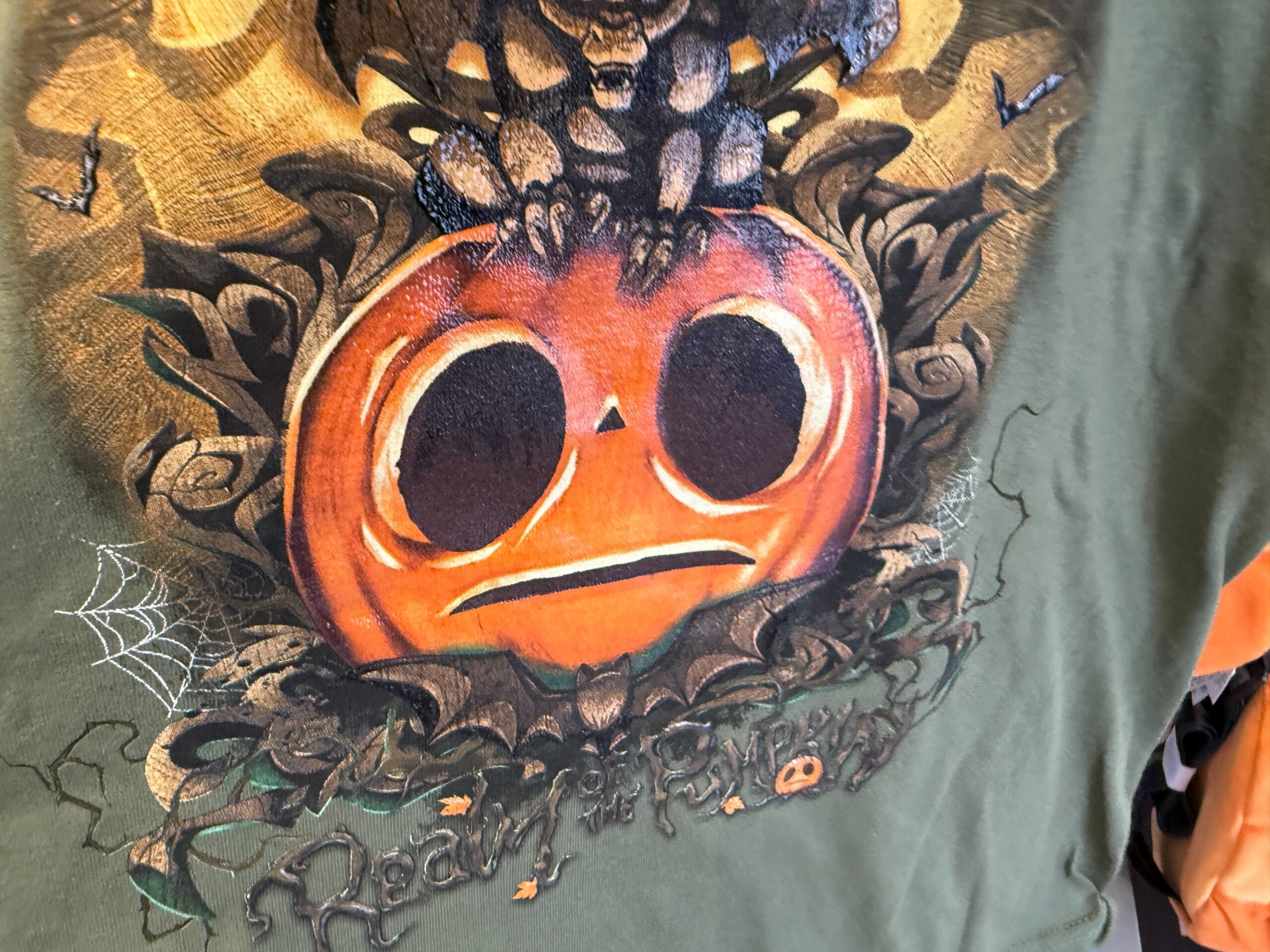 Illustration of a sad-faced pumpkin with a black cat, spiders, and bats—perfect for Lil Boo merchandise!