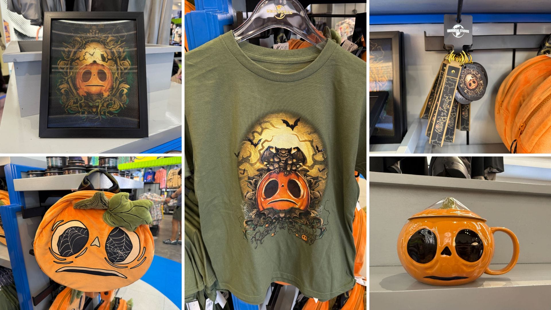 A display of Lil Boo Merchandise featuring a sad jack-o'-lantern on art, a shirt, a purse, mug, and keychains.