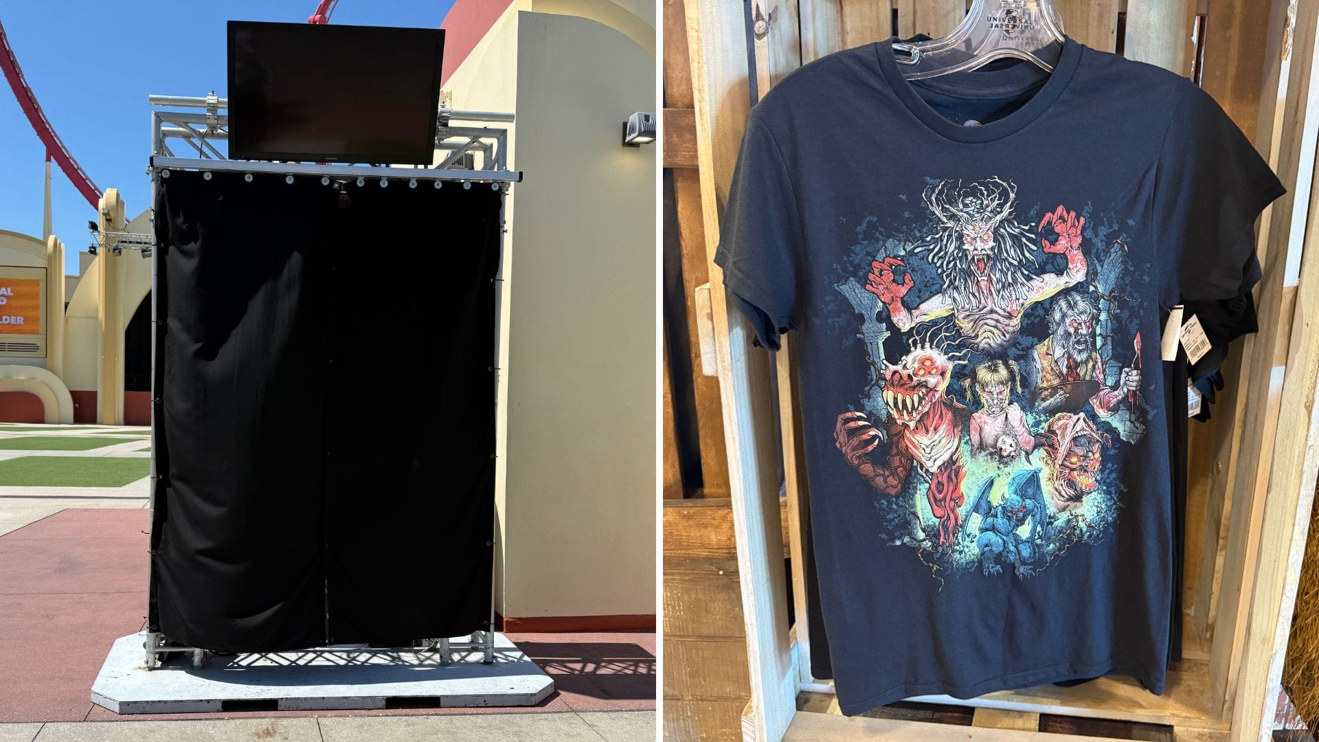Split image: Left shows a House Entrance Portal at Universal Orlando; right, a Halloween Horror Nights T-shirt on display.